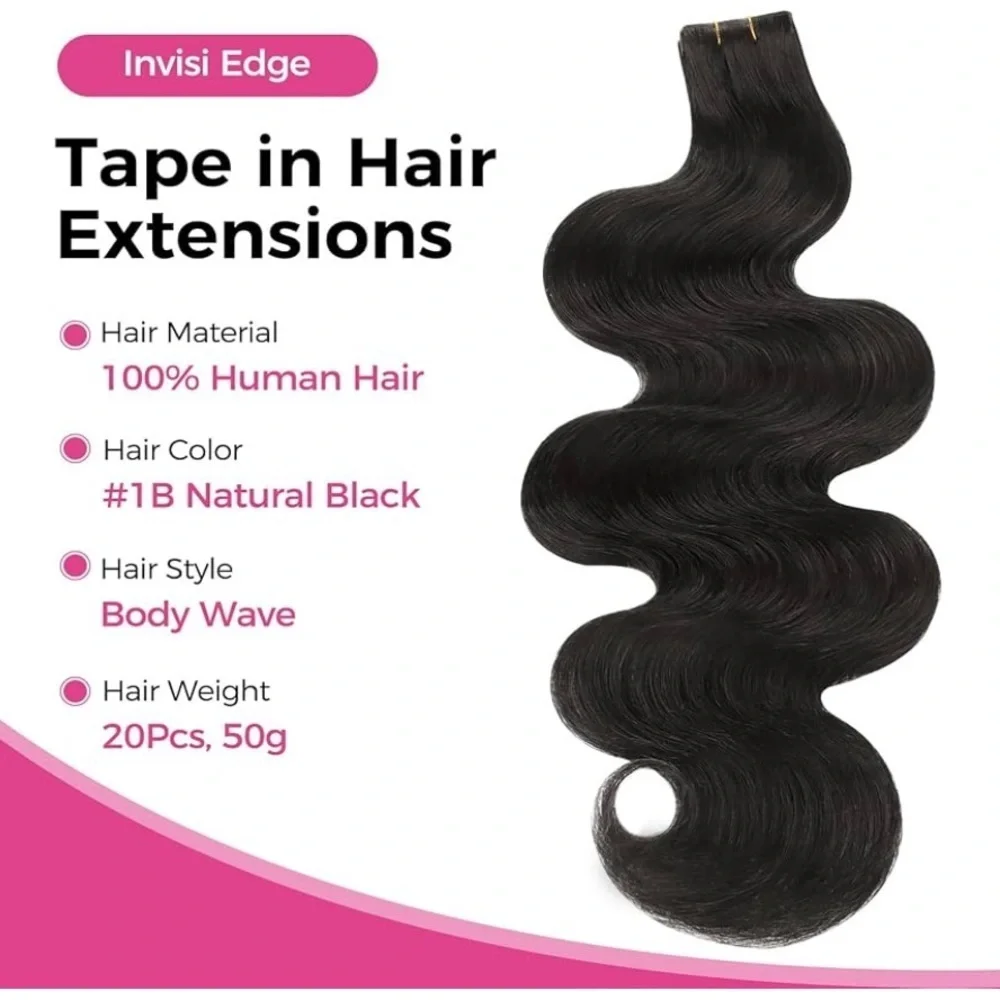 16” Natural Black Body Wave Invisi Edge Tape In Human Hair Extensions 50g #TF8